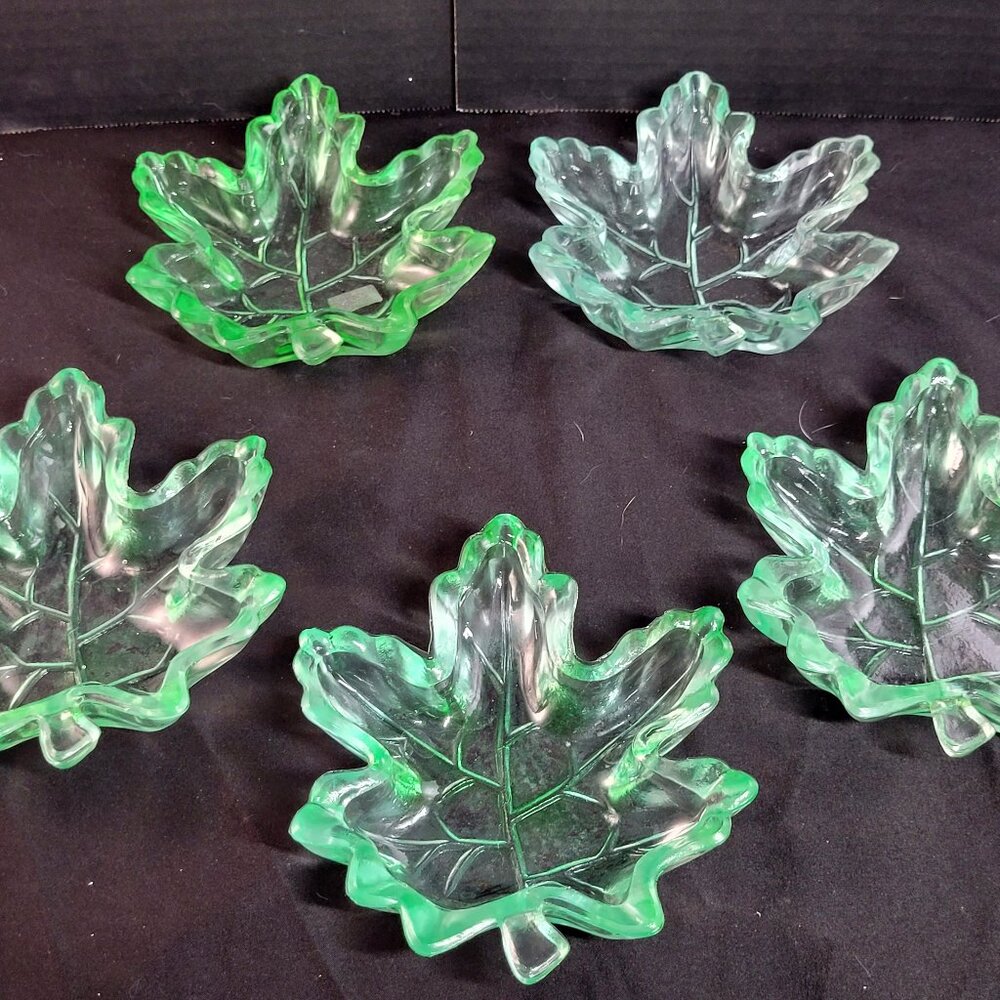 Set of 5 Vintage Glass Light Green Maple Leaf Candy/Trinket Dishes